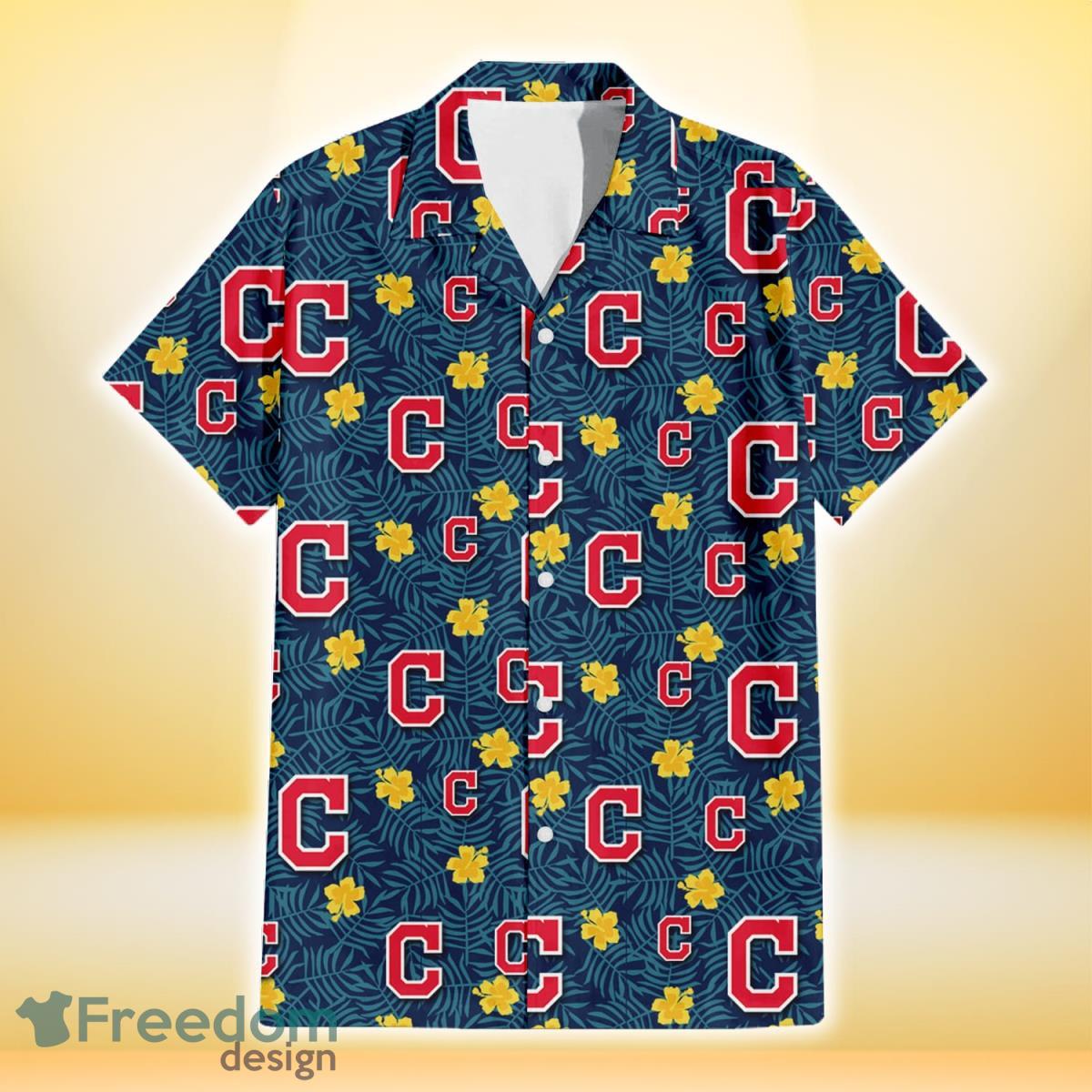 Cleveland-Indians-Yellow-Hibiscus-Cadet-Blue-Leaf-Navy-Background-3D-Hawaiian-Shirt-Gift-For-Fans-1