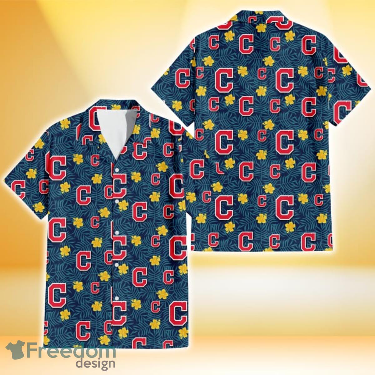 Cleveland Indians Yellow Hibiscus Cadet Blue Leaf Navy Background 3D Hawaiian Shirt Gift For Fans Cleveland Indians Yellow Hibiscus Cadet Blue Leaf Navy Background 3D Hawaiian Shirt Gift For Fans