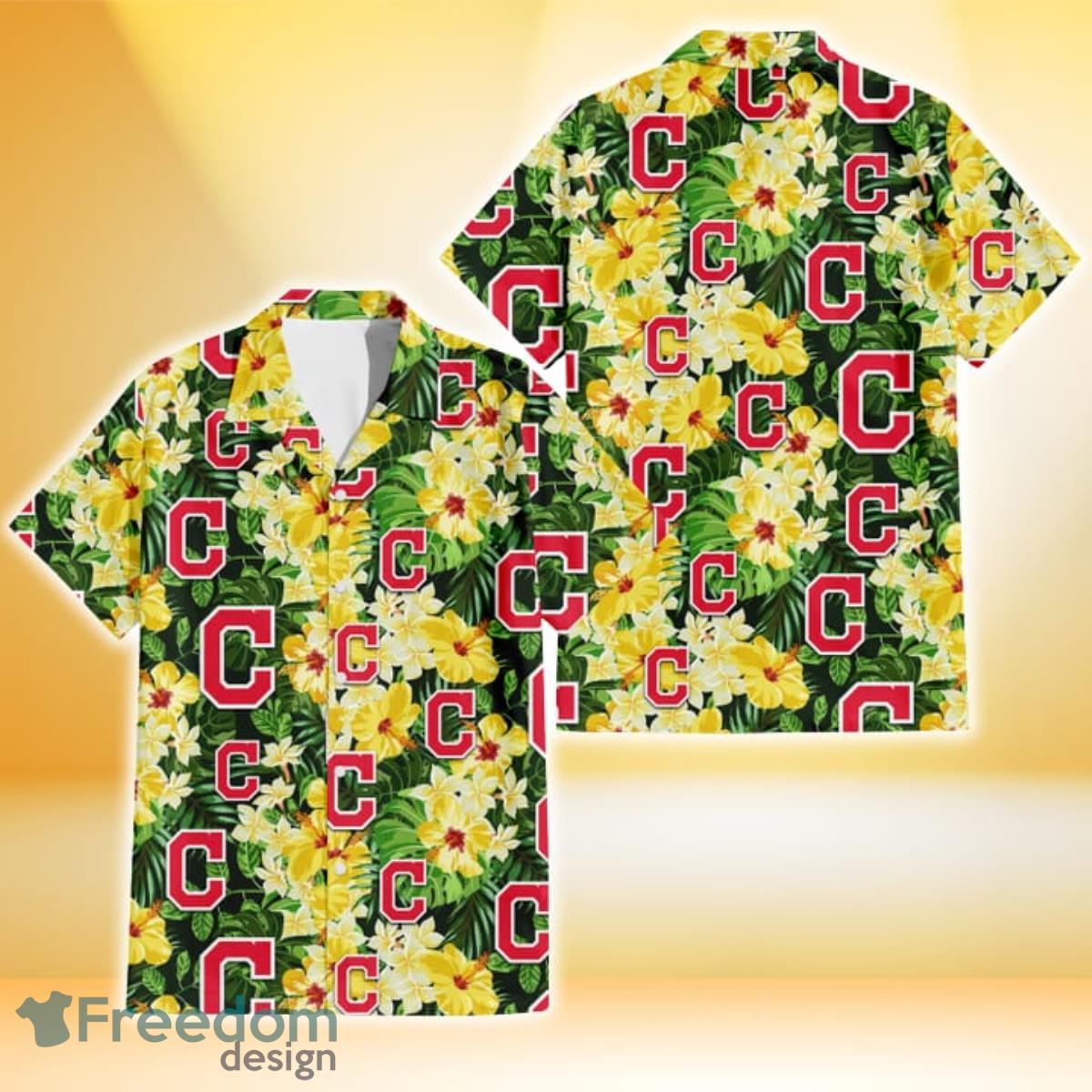 Cleveland Indians Yellow Hibiscus Tropical Green Leaf Black Background 3D Hawaiian Shirt Gift For Fans Cleveland Indians Yellow Hibiscus Tropical Green Leaf Black Background 3D Hawaiian Shirt Gift For Fans